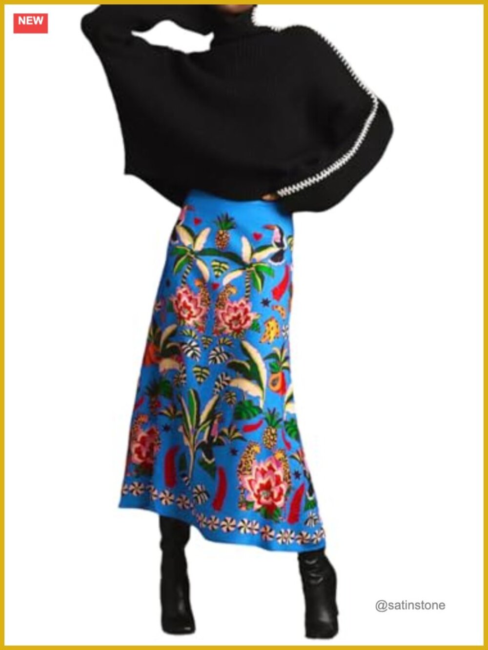 Women Midi Skirt A-Line High Waist Zipper Polyester Spandex Floral